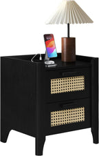 ELISA HOME Rattan-Inspired 2 Drawer Nightstand with Charging Station, Bedside Table with Drawers, Night Stand for Bedroom, End Table or Side Table for Living Room, 15.5" D x 18.9" W x 21.7" H, Black