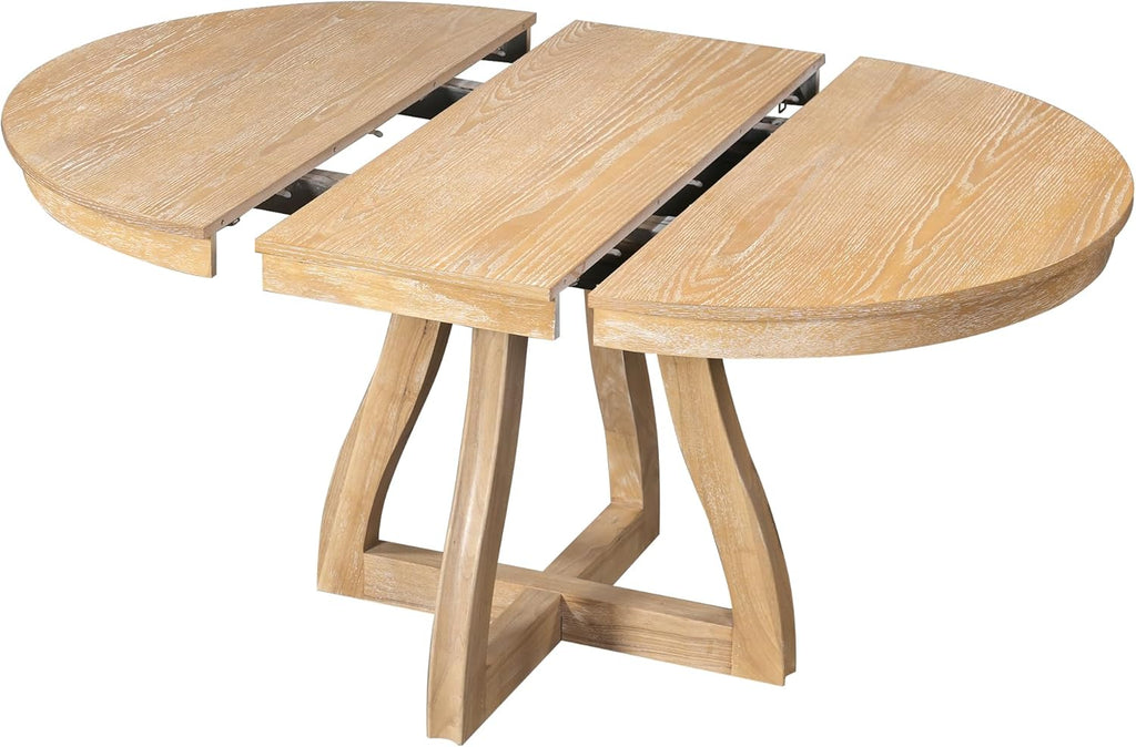 LUMISOL Extendable Round Dining Table for 4-6 People, Farmhouse Kitchen Table with 16” Middle Leaf and Curved Table Legs for Kitchen, Dining Room, Apartment, Natural Wood Wash
