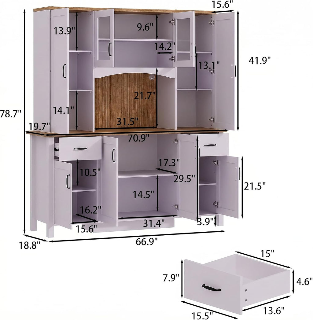 Large Wide Kitchen Pantry Storage Cabinet with Hutch, 79" Tall Farmhouse Pantry Storage Cupboard with Doors and 2 Drawers, Modern Coffee Bar Buffet Sideboard for Dining Room, Light Purple