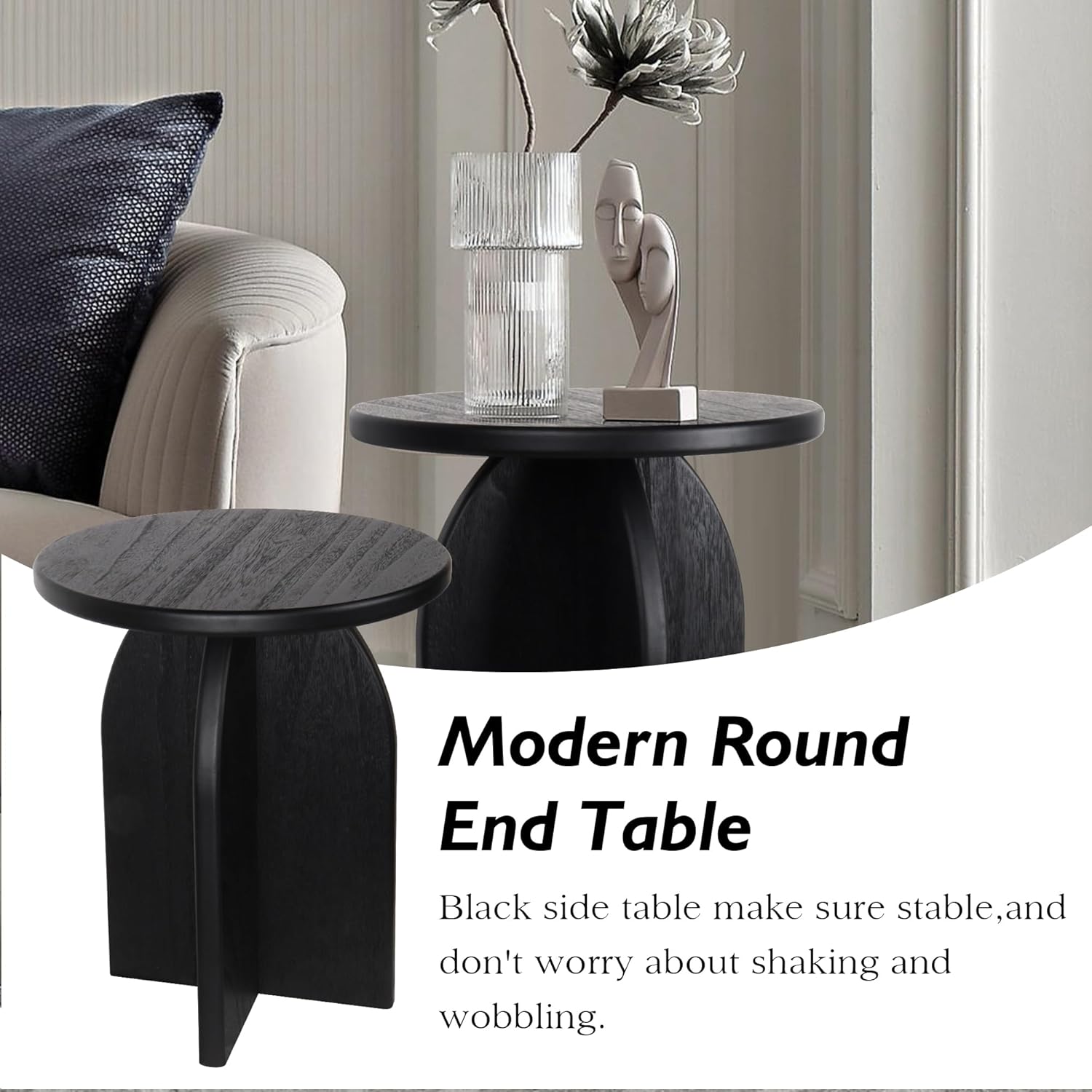 Oakrain End Table with Pedestal, Wood Side Table Bedside Sofa Couch, Modern Nightstand for Bedroom, Small Round Coffee Table for Living Room Office Balcony, Black