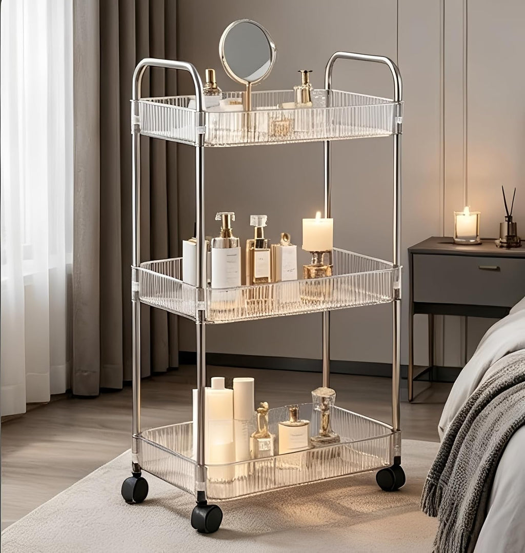 Sooyee Clear 3-Tier Plastic Rolling Utility Cart with Wheels, Multi-Functional Storage Trolley for Office, Living Room, Kitchen, Movable Storage Organizer with Wheels