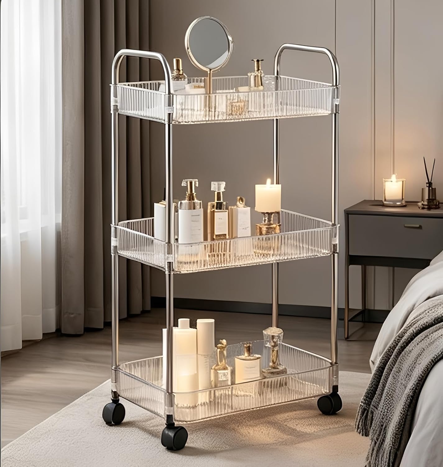 Sooyee Clear 3-Tier Plastic Rolling Utility Cart with Wheels, Multi-Functional Storage Trolley for Office, Living Room, Kitchen, Movable Storage Organizer with Wheels