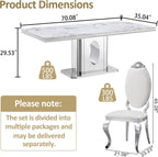AF ARTISAN FURNITURE 7 Piece White Marble Dining Table, 70'' Rectangle Faux Marble Kitchen Table Set for 6 with Silver Mirrored Finish Stainless Steel Chairs, Luxury Dining Room Table Set for 6