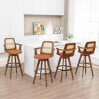 Mid Century Counter Stools, 26.3" Kitchen Island Stools with Curved Back | 360° Swivel, Ergonomic Rattan Back, Walnut Bentwood Frame, Natural Wood Legs, Faux Leather Upholstered for Kitchen, Island