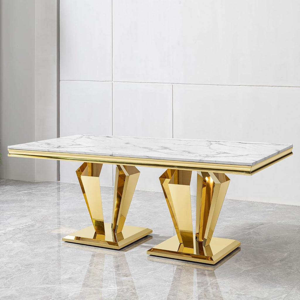 Modern Dining Table 66.9" Dining Room Table with Shiny Gold Stainless Steel Legs & Marble Grain Top for Kitchen,Dining Room,Rectangular