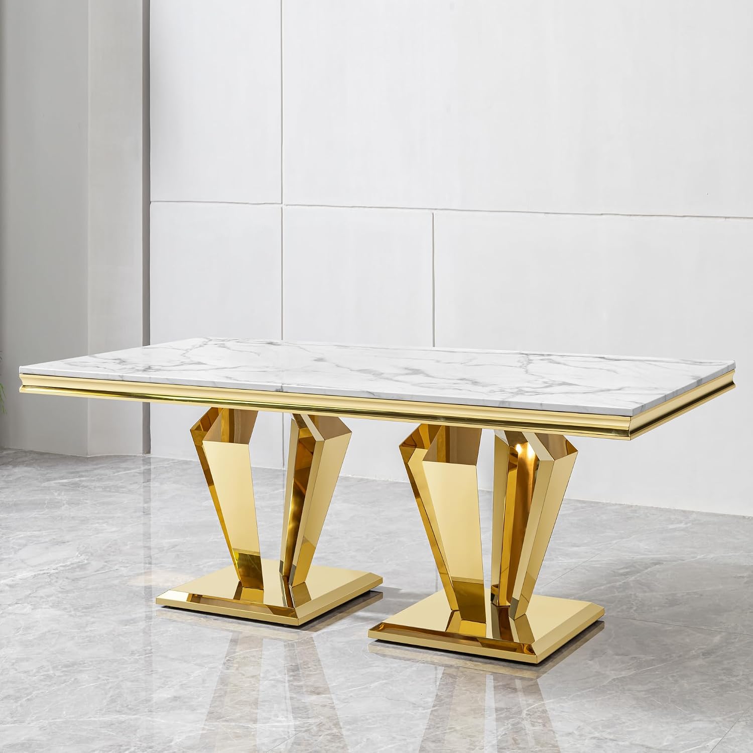 Modern Dining Table 66.9" Dining Room Table with Shiny Gold Stainless Steel Legs & Marble Grain Top for Kitchen,Dining Room,Rectangular