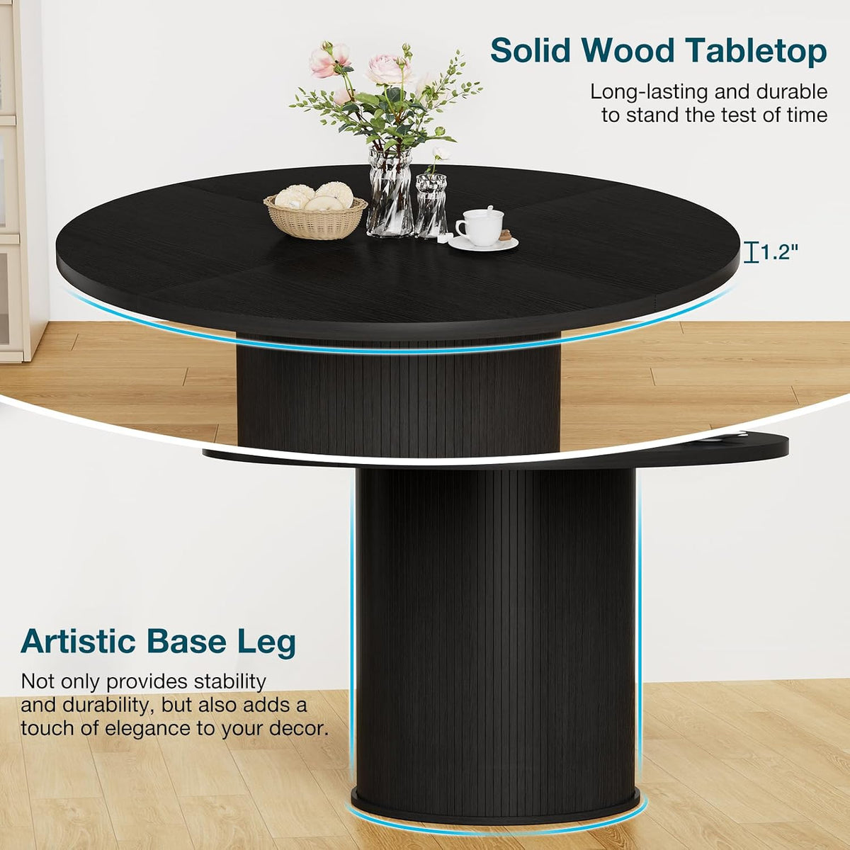 HOMMPA 48'' Round Dining Table for 4-6 Kitchen Table Circle Dinner Table with Wood Strip Base for Kitchen Dining Living Room Black