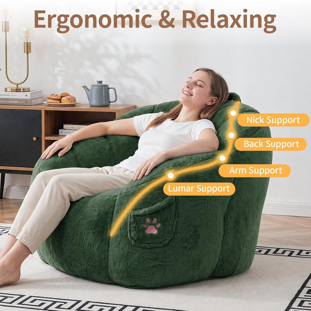 Vipbear Cat Paw Bean Bag Chair, Oversized Air-Cushion Sofa Chair Green | 39", air-cushion filling, cat paw Pocket, carry handle, oversized firm support, ergonomic, plush faux fur, gaming, reading