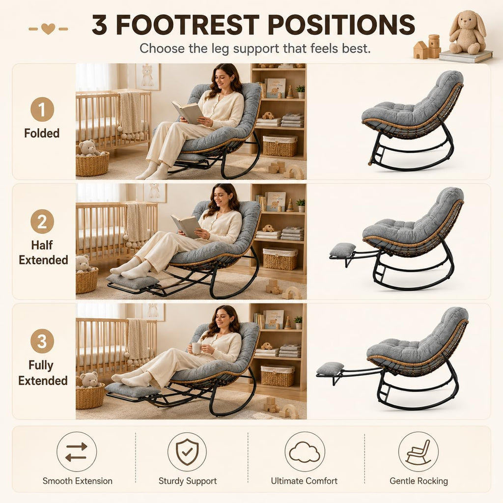 Oversized Rocking Chair with Zero-Gravity Foot Rest & Ottoman, Comfy Lounge Chair for Patio, Porch, Balcony, Indoor Reading Nook, Big Cozy Chaise Chair for Outdoor & Home Use, Grey