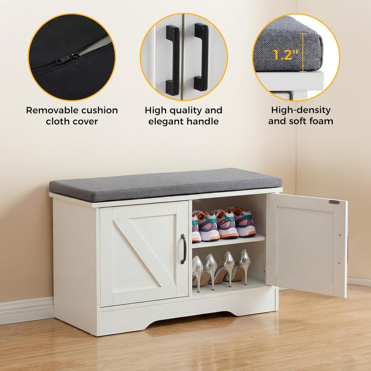 Shoe Bench 28" Wide, Entryway Bench with Padded Seat Cushion, Spacious Shoe Storage Benches with 2 Doors & Adjustable Shelf for Entryway, Bedroom, Living Room, White