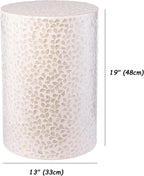 PEMAR Capiz Shell Cylinder Drum End Table Nacre Side Table Stool Accent Coffee Bedside Round Nightstand and Vanity Stool White Cream Floral Vine Pattern 13" Diameter x 19.3" High