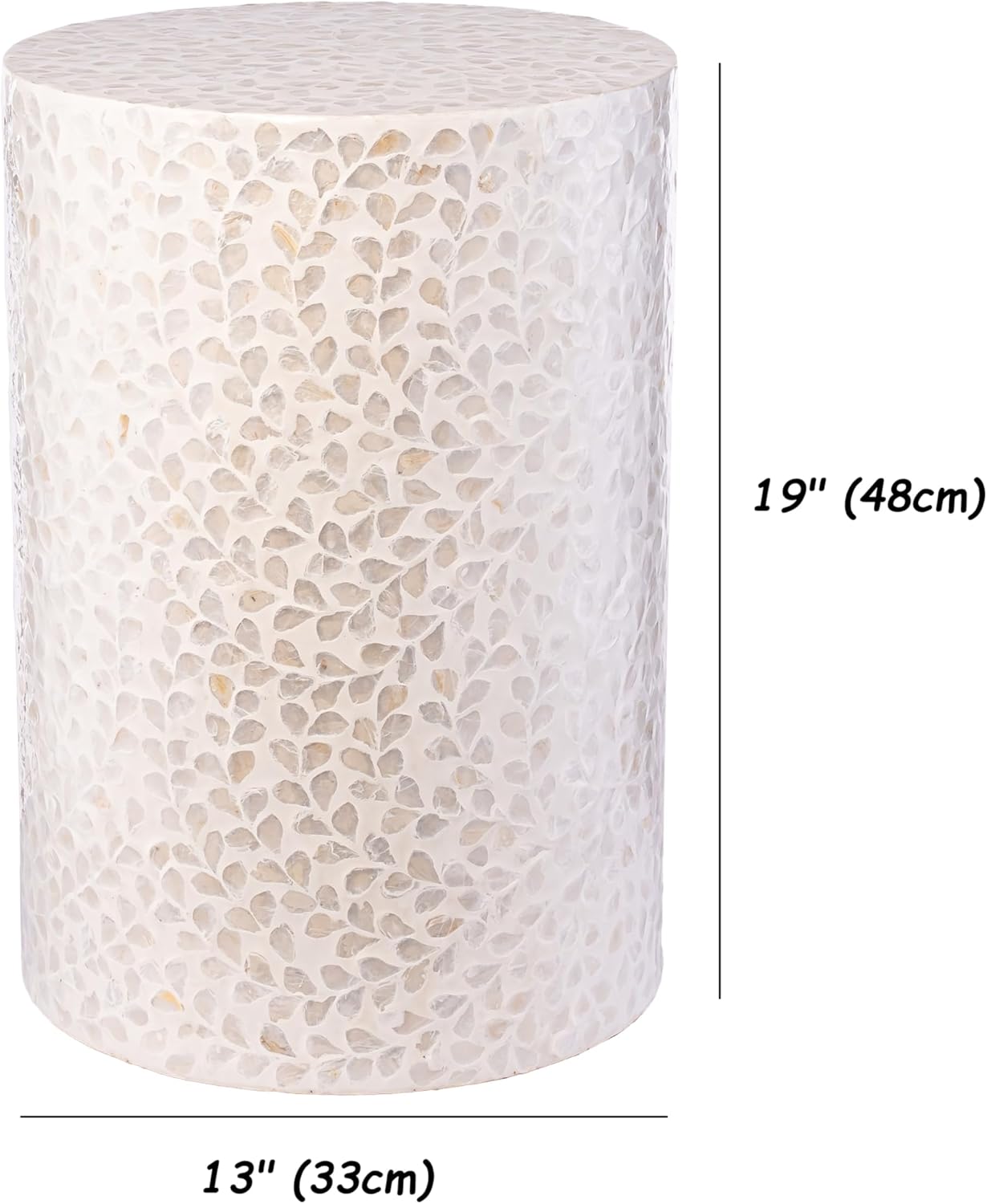 PEMAR Capiz Shell Cylinder Drum End Table Nacre Side Table Stool Accent Coffee Bedside Round Nightstand and Vanity Stool White Cream Floral Vine Pattern 13" Diameter x 19.3" High