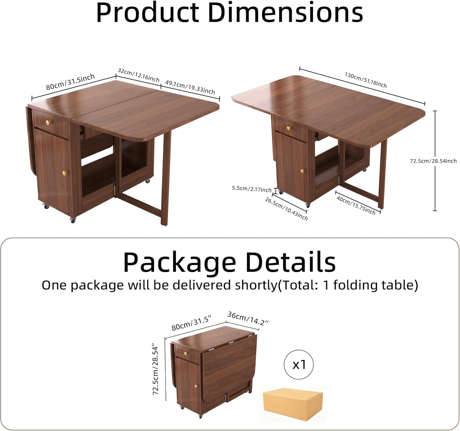 Small Drop Leaf Table - 51" Fully Assembled Folding Dining Table 4-6 Seater with Storage and Lockable Wheels, Space-Saving for Kitchen or Dining Room (Walnut)