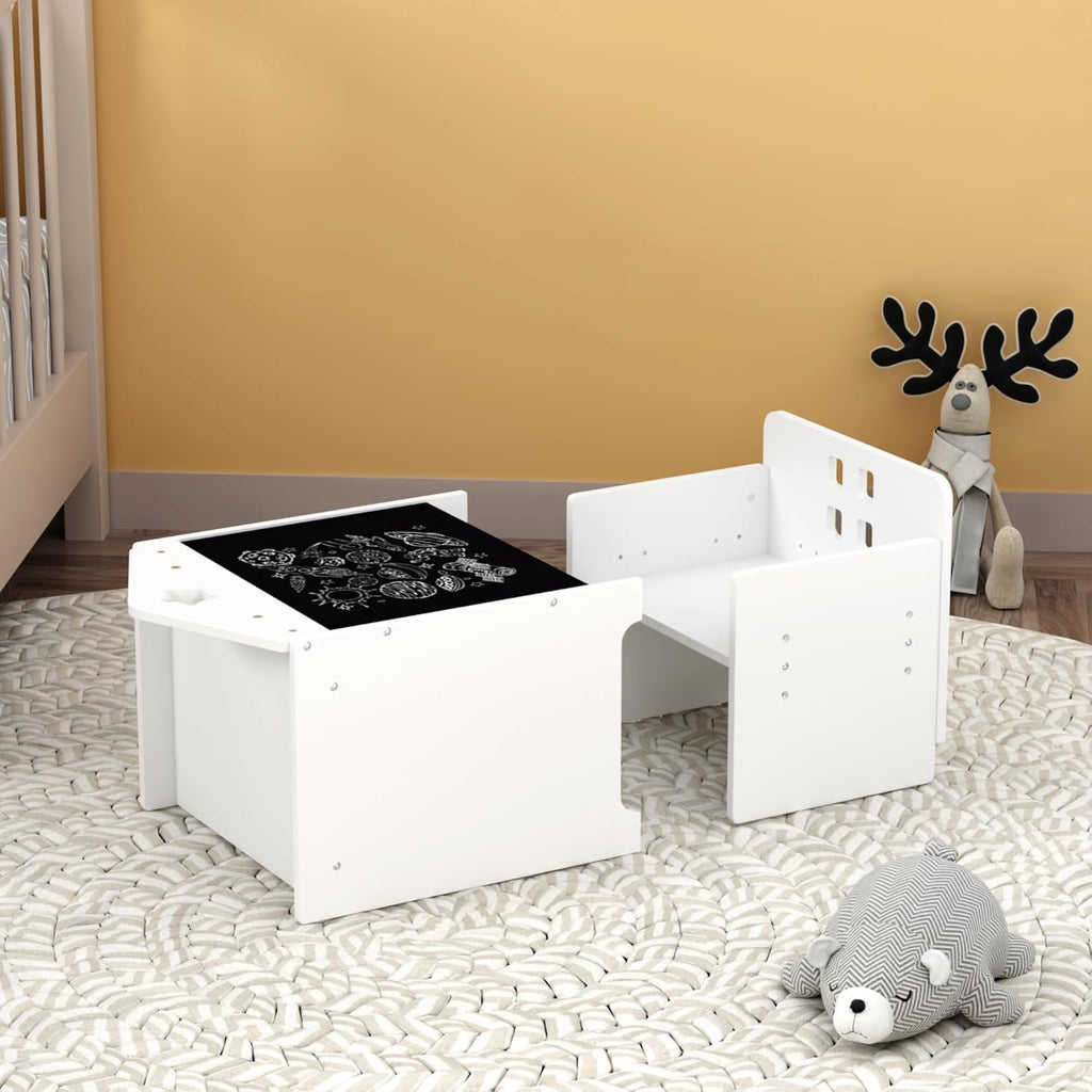 Kids Montessori Weaning Table and Chair Set, Wooden Toddler Activity Table with Blackboard & 3 Height Adjustable Chairs for Eating, Drawing, Reading, Ages 1-3