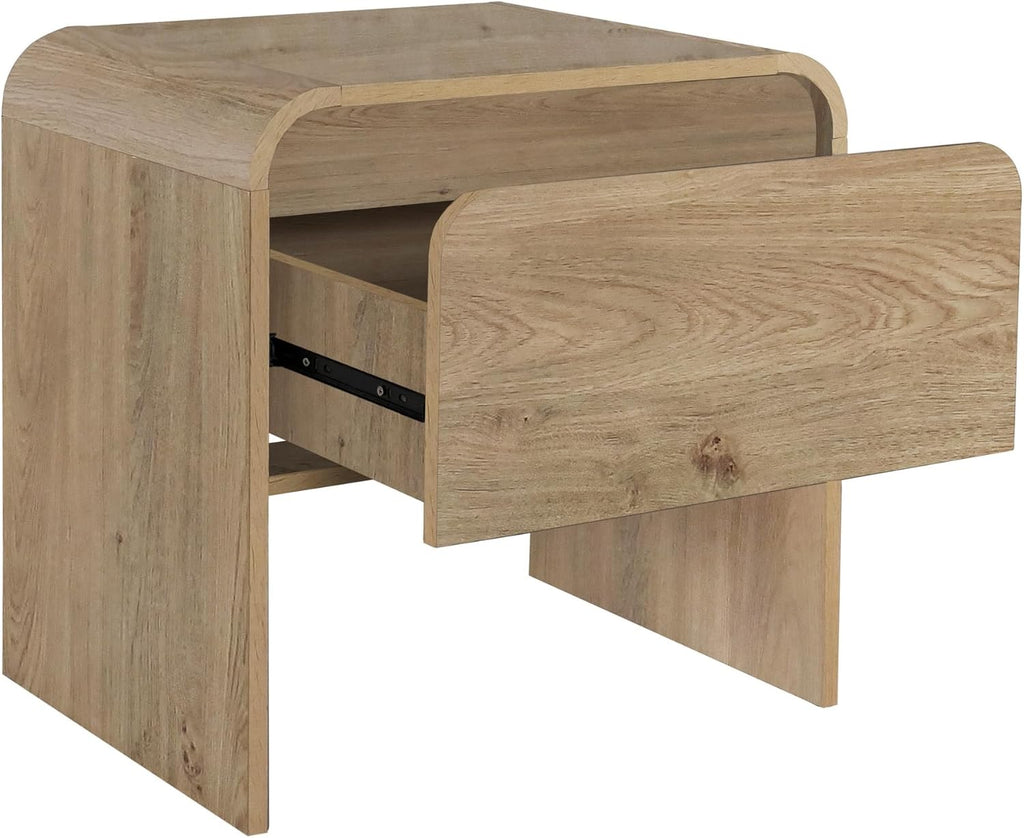Benjara Maria Side End Table- Drawer and Waterfall Style- Beige Wood 22 Inch