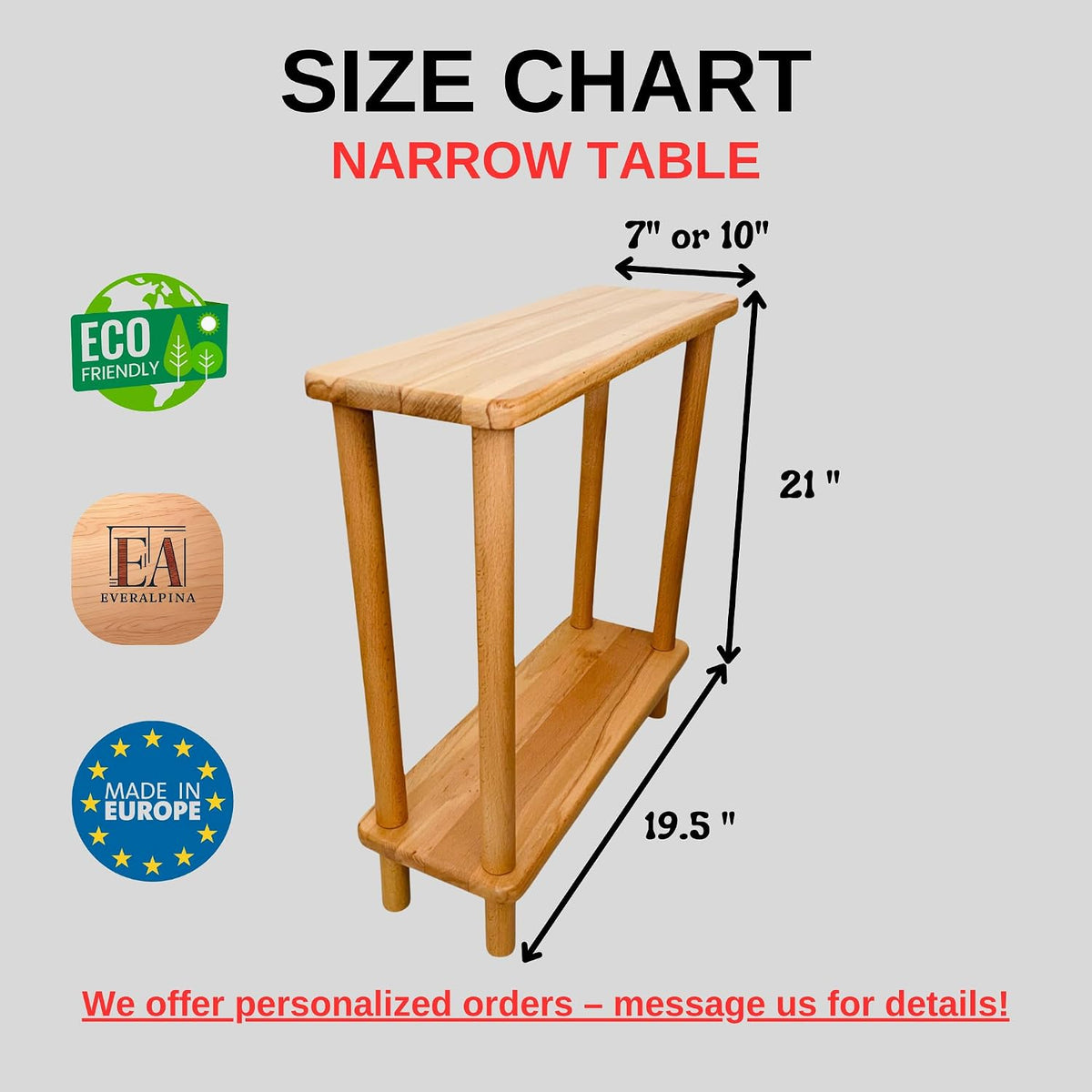 Handmade Slim Side Table Solid Beech Wood for Couch Living Room, Authentic Narrow End Table Hardwood 2 tier with Open Shelf for Office, Bedrooms, Book Rack, Eating Snack Tray, TV (Extra Slim, 7")