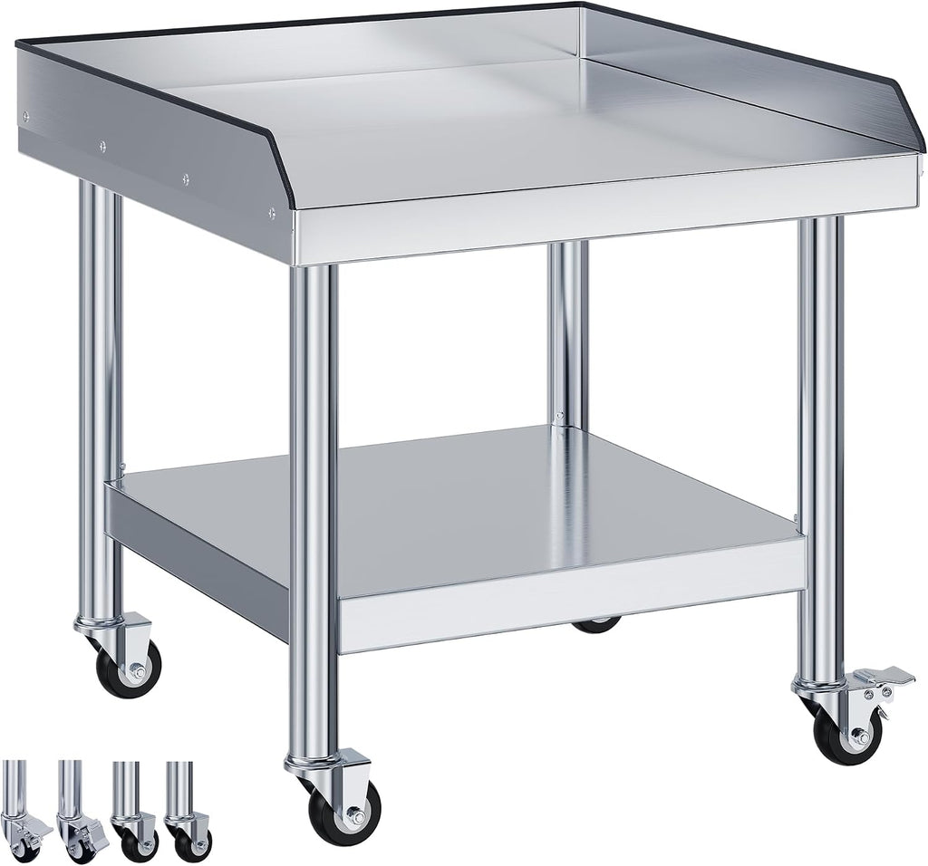 Jocisland 25"x28" Stainless Steel Equipment Stand & Equipment Grill Stand Table, NSF Certified with Adjustable Undershelf, Wheels and Edge Baffle for Commercial Kitchen, Restaurant & Home
