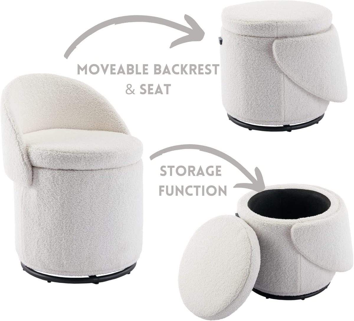 Ya-Home Modern Swivel Ottoman Vanity Chair, Sherpa Upholstered Barrel Club Chairs 360°Degree Swivel Side Chair with Storage, Comfy Makeup Stool for Bedroom Living Room, White