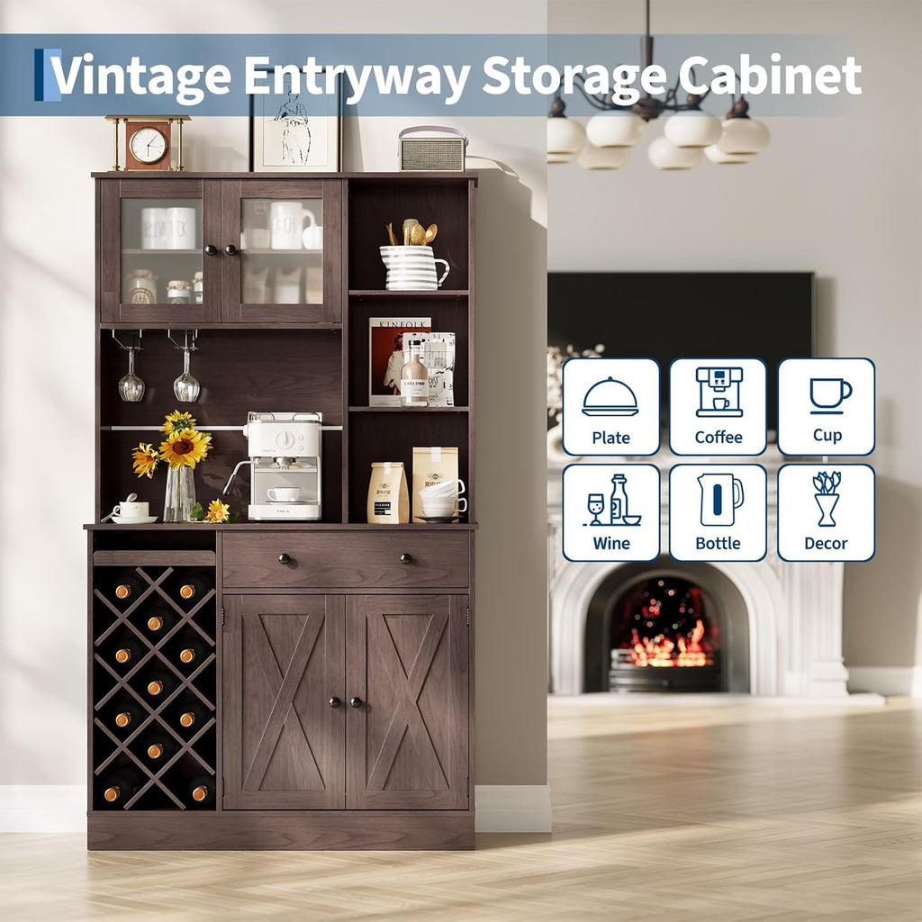 71-Inch Kitchen Hutch Cabinet with Storage, White & Light Walnut Top, Acrylic Double Doors, Pantry Organizer for Dining Room & Kitchen Storage