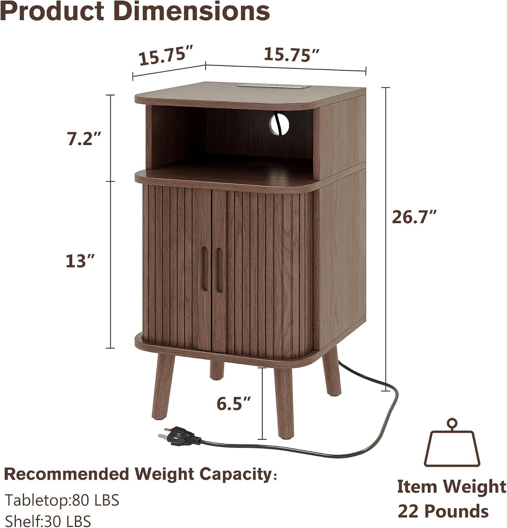 Whalefall Night Stand Set of 2 with Charging Station, Mid Century Modern Fluted End Tables with Cabinet for Living Room, Curved Round Edge Wood Beside Table with Slide Tambour Doors, Walnut