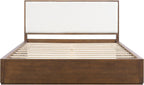 Merax Walnut Queen Size Platform Bed Frame, Modern Minimalist Wood Bed Frame with Plush Boucle Upholstered Headboard, Low Profile Modern Bed, Wood Slat Support, No Box Spring Needed