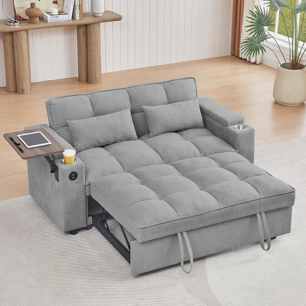 hansones 65" 3-in-1 Sofa Bed, Pull Out Sleeper Sofa with 360° Swivel Side Table, Storage Armrests, Cup Holders & USB Charging Ports, Chenille Convertible Couch for Living Room