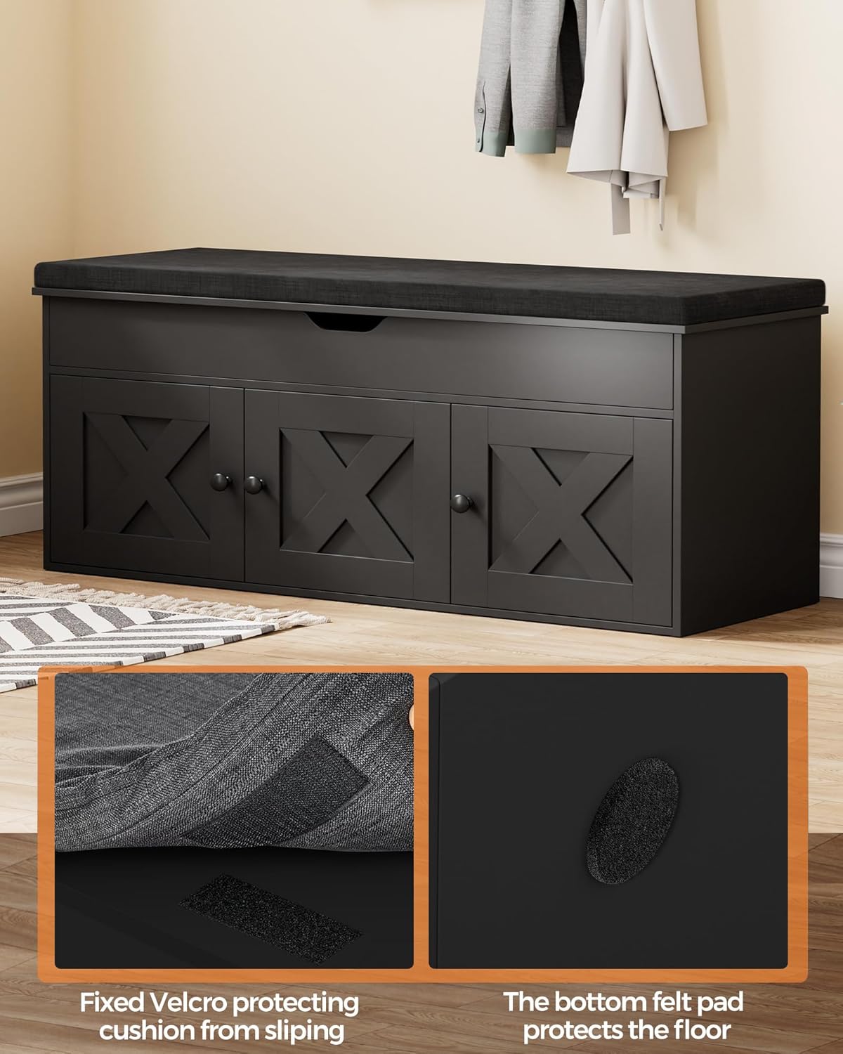 Homleke Shoe Storage Bench with Lift Top & 3 Barn Doors, Entryway Bench with Removable Cushion, Adjustable Shelf, Hidden Storage Cabinet for Hallway, Living Room, Bedroom - Black