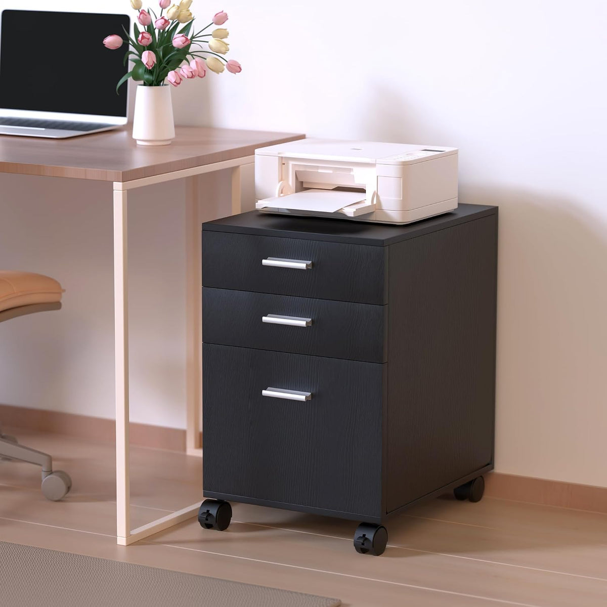 3 Drawer Storage Cabinet,Preassembled Black Wooden Organizer for Files,Under Desk Printer Stand,Mobile on Wheels,19" L x 16" W x 22" H