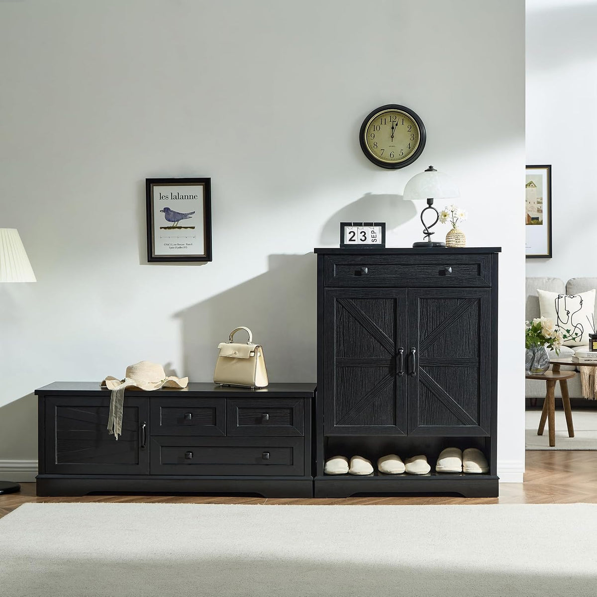 SOOWERY 48 Inch End of Bed Storage Bench, Farmhouse Bed Bench with Drawers and Cabinet, Rustic Shoe Storage Bench for Entryway, Bedroom,Living Room, Black