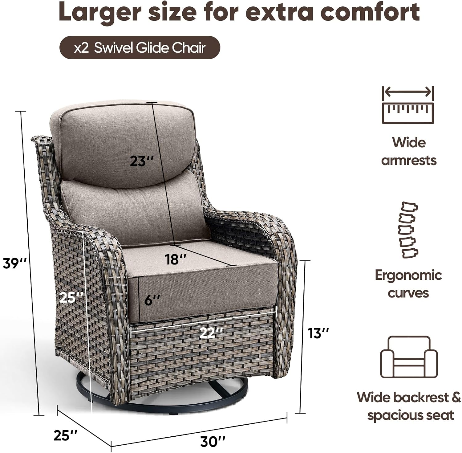 Swivel Patio Chairs sofa Set of 2 with 6" Thick Cushion - Wicker Outdoor Swivel Rocker Patio Chair ,Sofa/Glass coffee table, High Back Comfortable Outdoor Glider Chairs - Grey Wicker | Grey Cushions