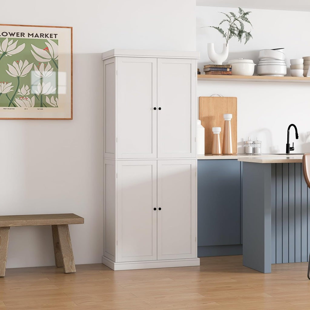 TANGZON 184CM Tall Kitchen Cupboard, 6-Tier Pantry Storage Cabinet with 4 Doors, 2 Adjustable Shelves & Anti-tipping Device, Freestanding Wooden Sideboard Unit for Dining Living Room (White)