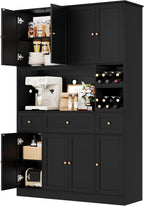 BOTLOG 72" Tall Black Pantry Cabinet with Wine Rack, Microwave Stand | Kitchen Hutch with 8 Doors and 3 Drawers for Dining Room Kitchen, Home Bar Black
