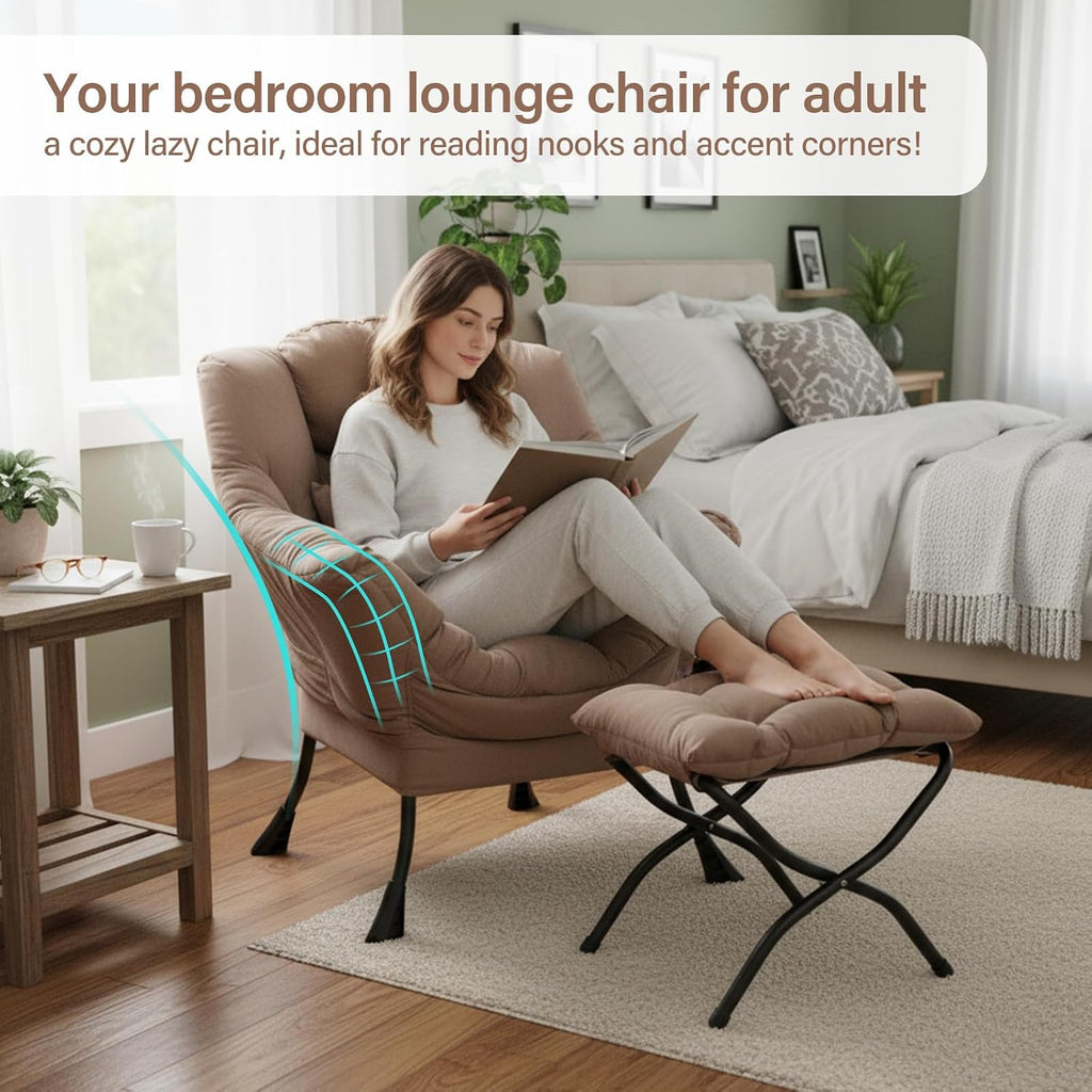 Lazy Chair with Ottoman, Comfy Chair with Pillow，Pure Khaki