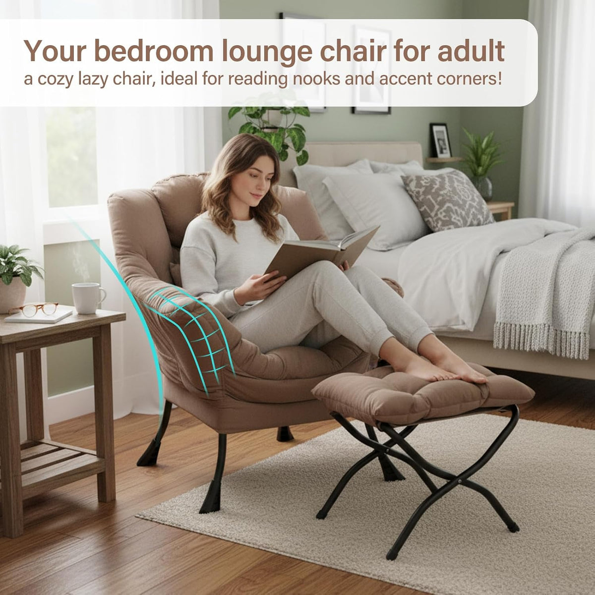 Lazy Chair with Ottoman, Comfy Chair with Pillow，Pure Khaki