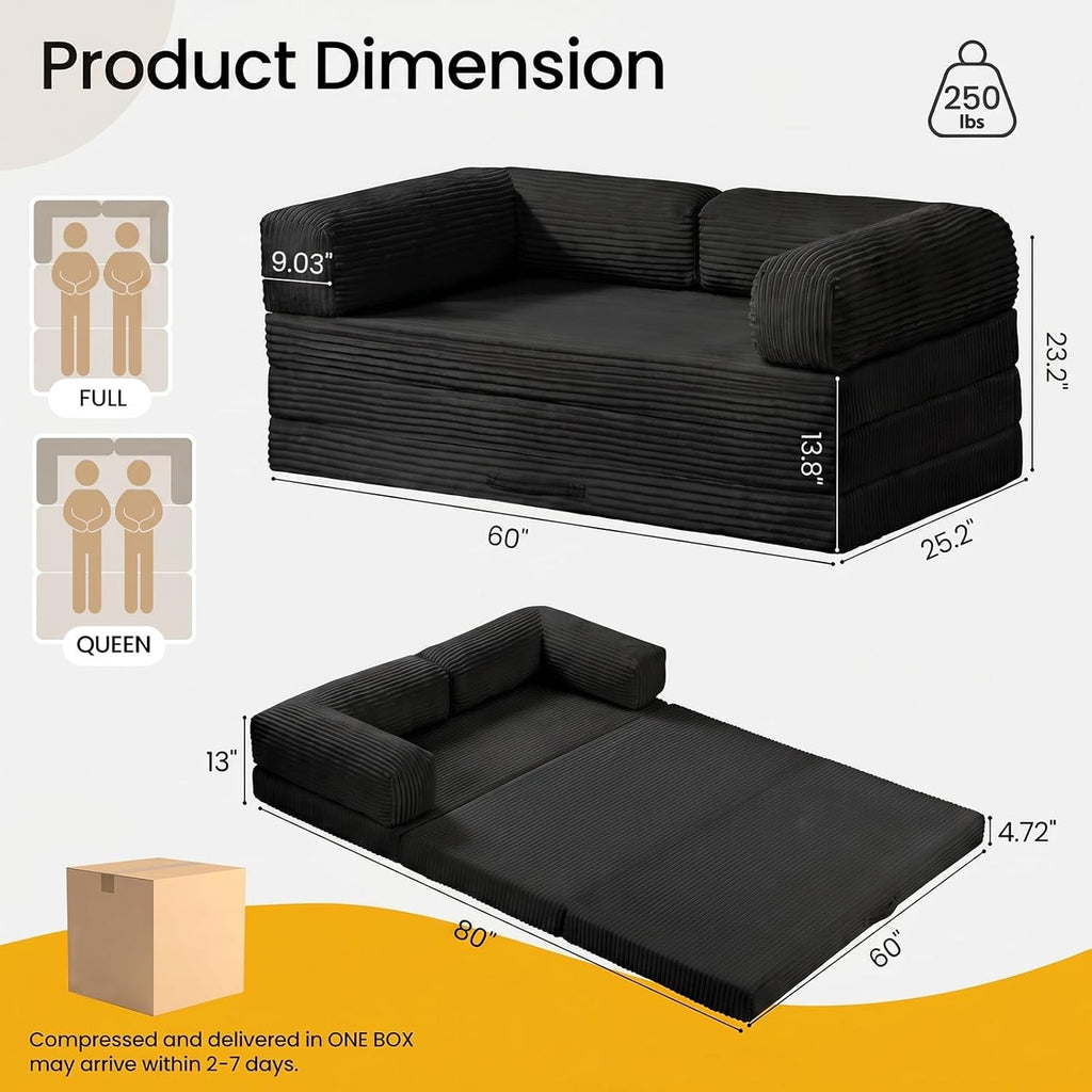 Erament Convertible Sofa Bed, Tri-Folding Mattress Queen Futon Couch Bed, Sleeper Couch Bed with Removable Armrests & Washable Cover for Guest Room, Living Room, Queen, Black