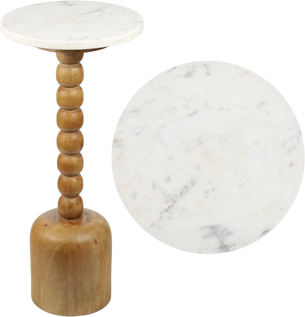 JONATHAN Y Turner Natural Mango Wood Round Drink Table, 24.5" Tall Pedestal Accent Martini Table with Bobbin Spool Leg for Small Spaces, Living Room and Bedroom, White & Natural END3002A