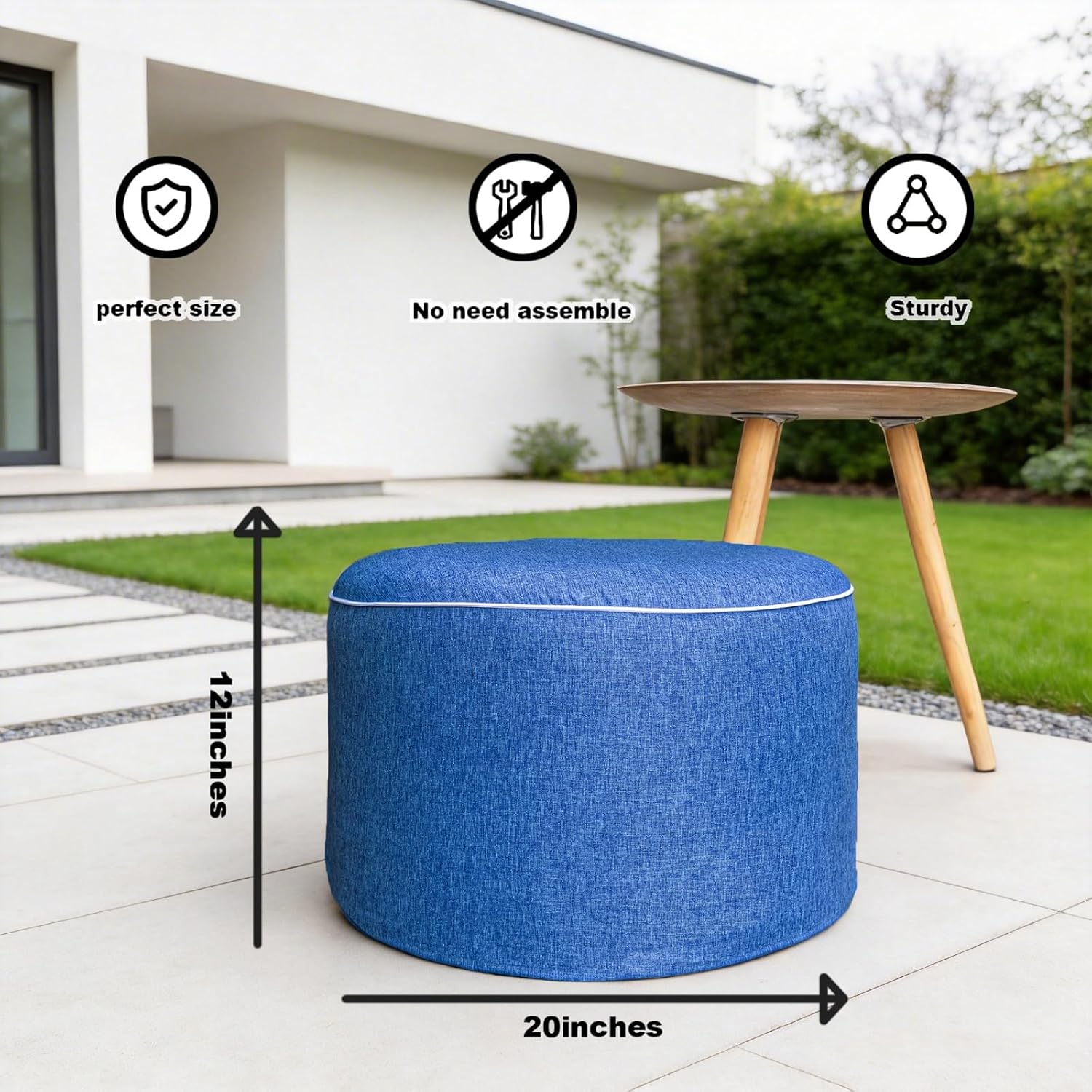Outdoor Ottoman for Patio, Blue, Outdoor Pouf Footstool,20x20x12In | All-in-One Foam Outdoor Pouf,Waterproof Footstool,Patio Footrest,Outdoor Ottoman Footrest,Extra Seat for Deck Garden Poolside