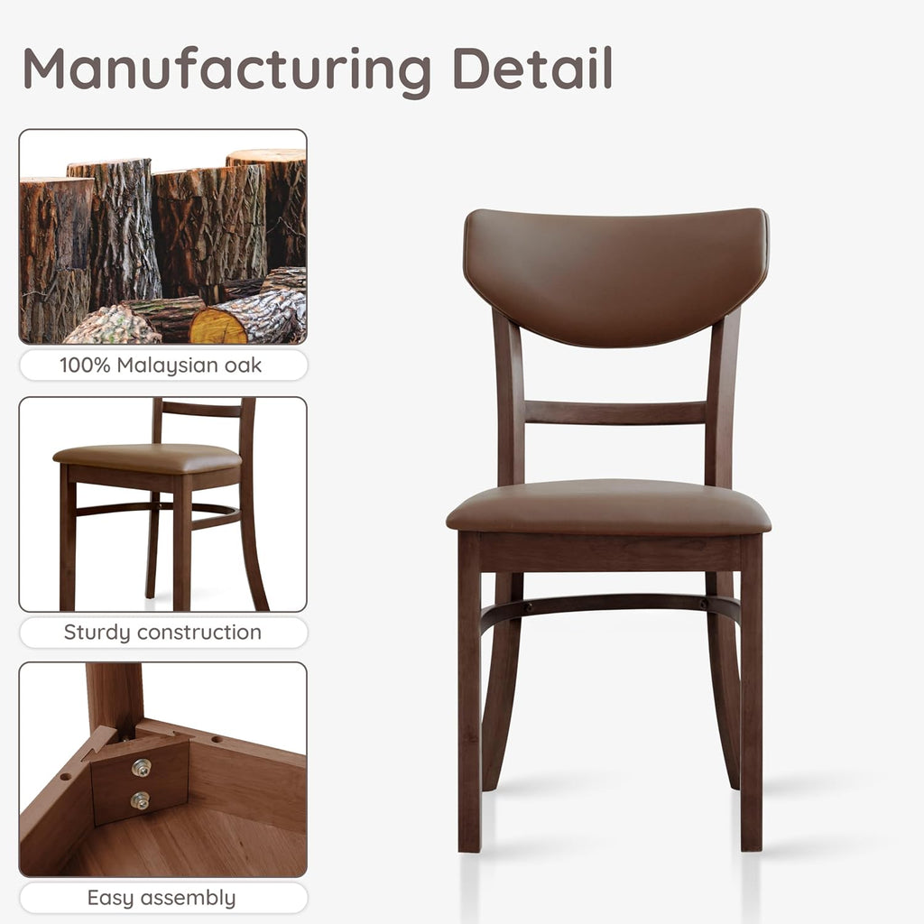 Livinia Bay Dining Chair Set of 2, Solid Malaysian Oak PU Leather Upholstered Cushion Seat, Curved Back Side Chairs (Walnut)