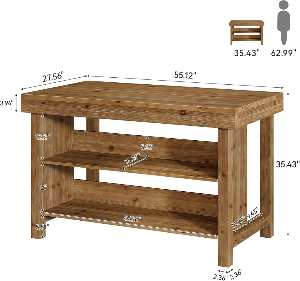 55" Solid Wood Kitchen Island with Storage, Farmhouse Kitchen Island Table with 3-Tier Open Shelves and Large Countertop for Kitchen, Dining & Living Room, Oak