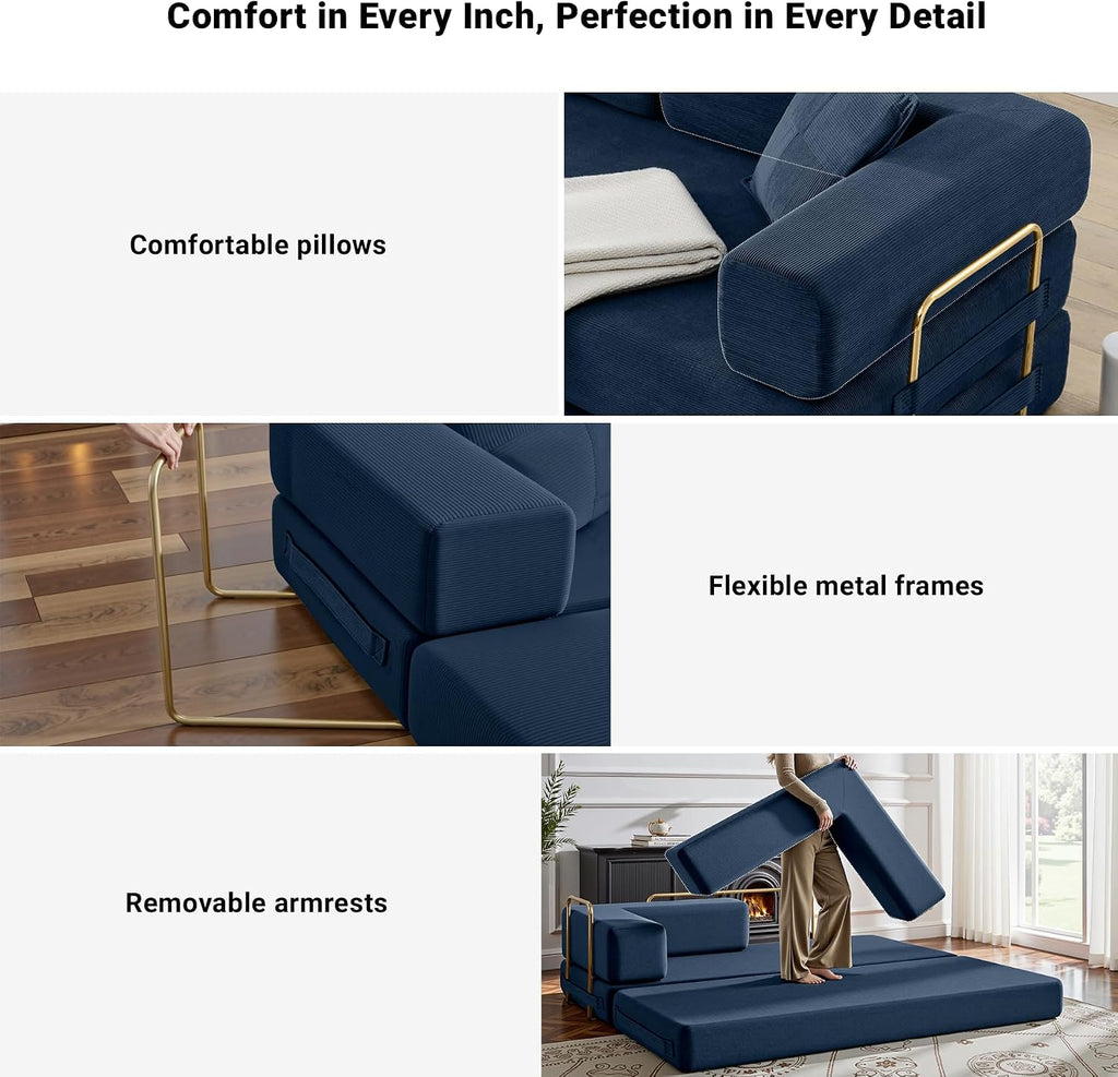 ivoros 78" Convertible Sleeper Sofa Bed, Corduroy Folding Sofa Bed with Fixed-Shape Frame, Fold Out Floor Mattress Couch, Lazy Compression Sofas for Living Room, Bedroom, No Assembly Required, Blue