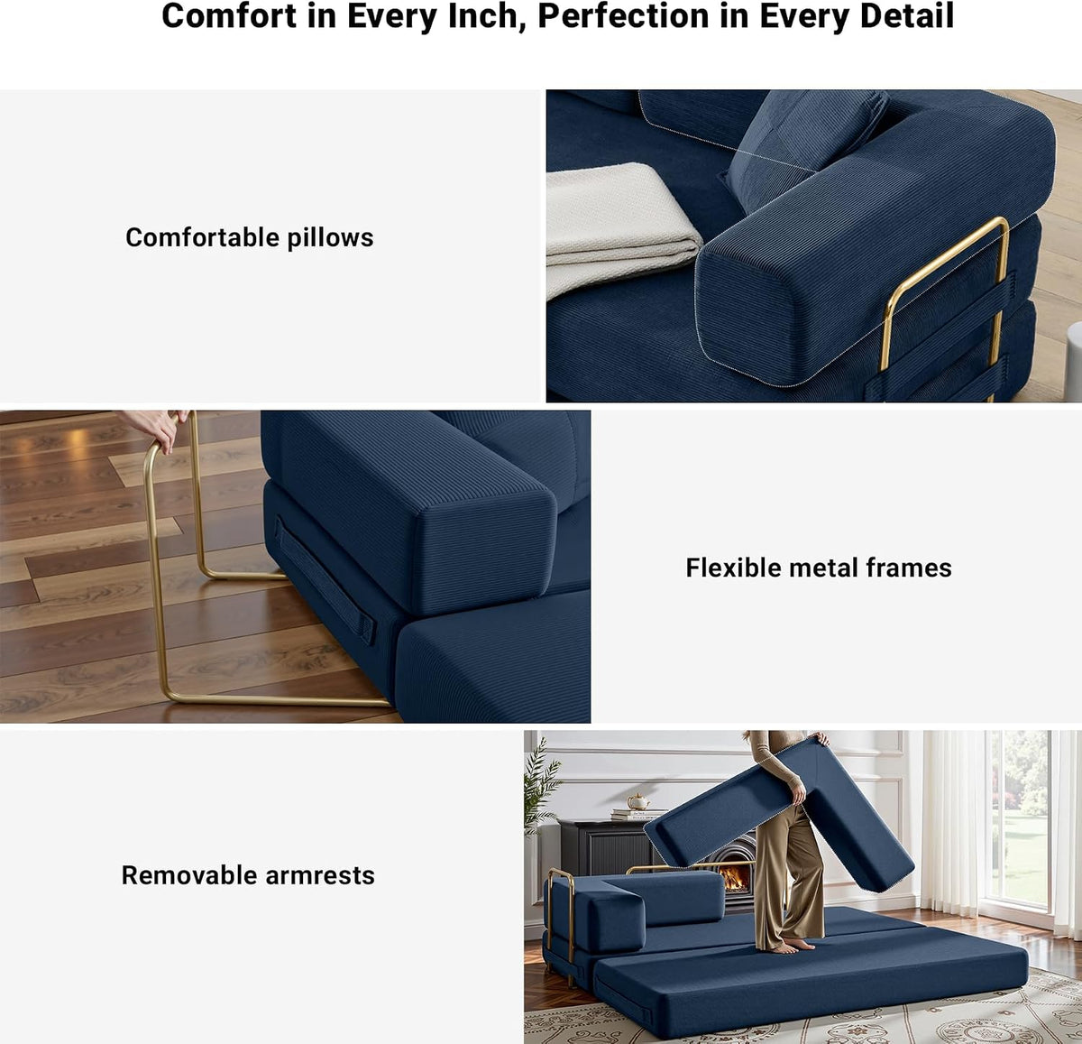 ivoros 78" Convertible Sleeper Sofa Bed, Corduroy Folding Sofa Bed with Fixed-Shape Frame, Fold Out Floor Mattress Couch, Lazy Compression Sofas for Living Room, Bedroom, No Assembly Required, Blue
