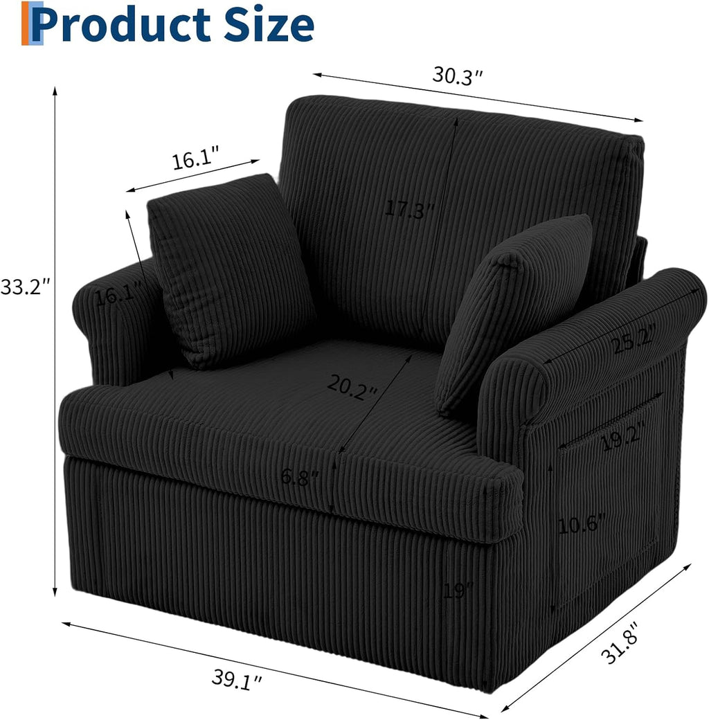 Garvee 39" Modern 360 °Swivel Accent Chair,Large Corduroy Accent Chairs with 2 Pillows,Comfy Upholstered Round Armchair Single Sofa for Living Room,Bedroom,Office,Reading,Black