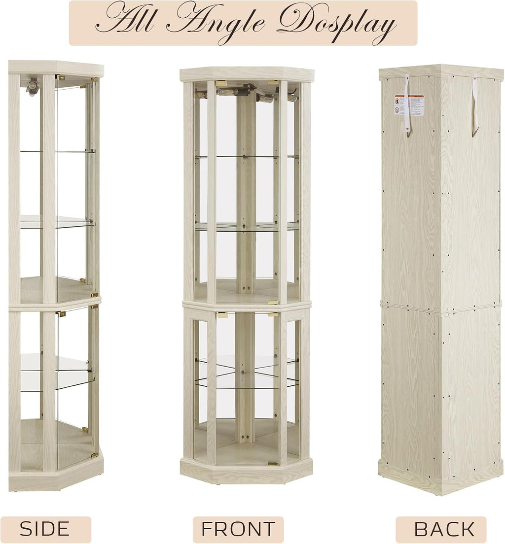Corner Curio Cabinet, 70" H Lighted Glass Display Cage with Tempered Glass Doors and 5 Adjustable Shelves, Light Bulb Inclued, Wine Bar China Cabinet for Living Room (White)
