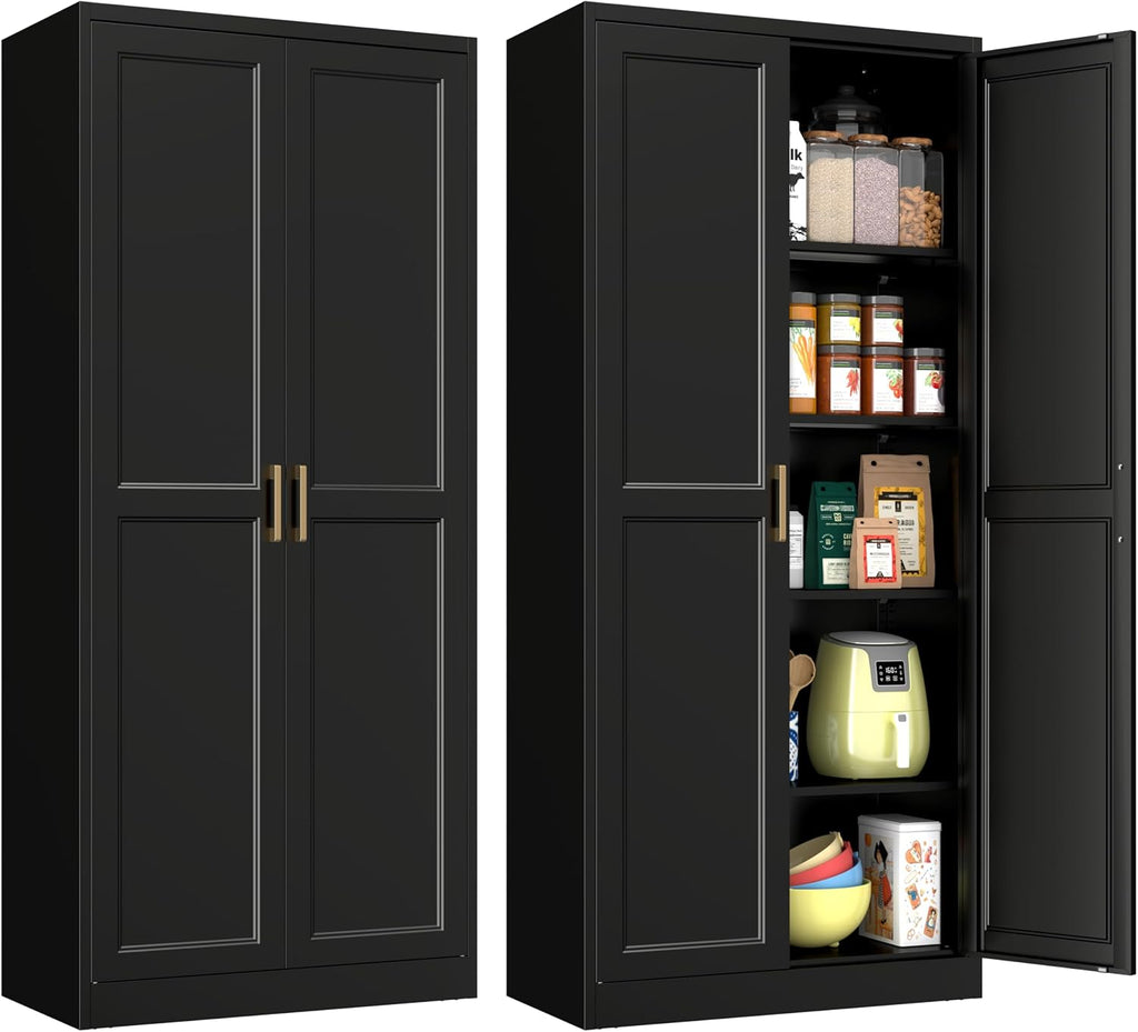 Polup Pantry Cabinet, 71" Tall Metal Storage Cabinet with Doors and Shelves | Black Kitchen Cabinet, 5-Tier Heavy Duty Steel Cupboard, 4 Adjustable Shelving, Gold Handles, for Dining Room Garage, Laundry