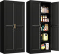 Polup Pantry Cabinet, 71" Tall Metal Storage Cabinet with Doors and Shelves | Black Kitchen Cabinet, 5-Tier Heavy Duty Steel Cupboard, 4 Adjustable Shelving, Gold Handles, for Dining Room Garage, Laundry