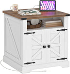 HOOBRO Farmhouse End Table with Charging Station, 23.6" Large End Tables for Living Room, Sofa Side Table with Barn Door, Wooden Square Nightstand Bedside Table, Flip Top, White and Walnut WH601UBZ01