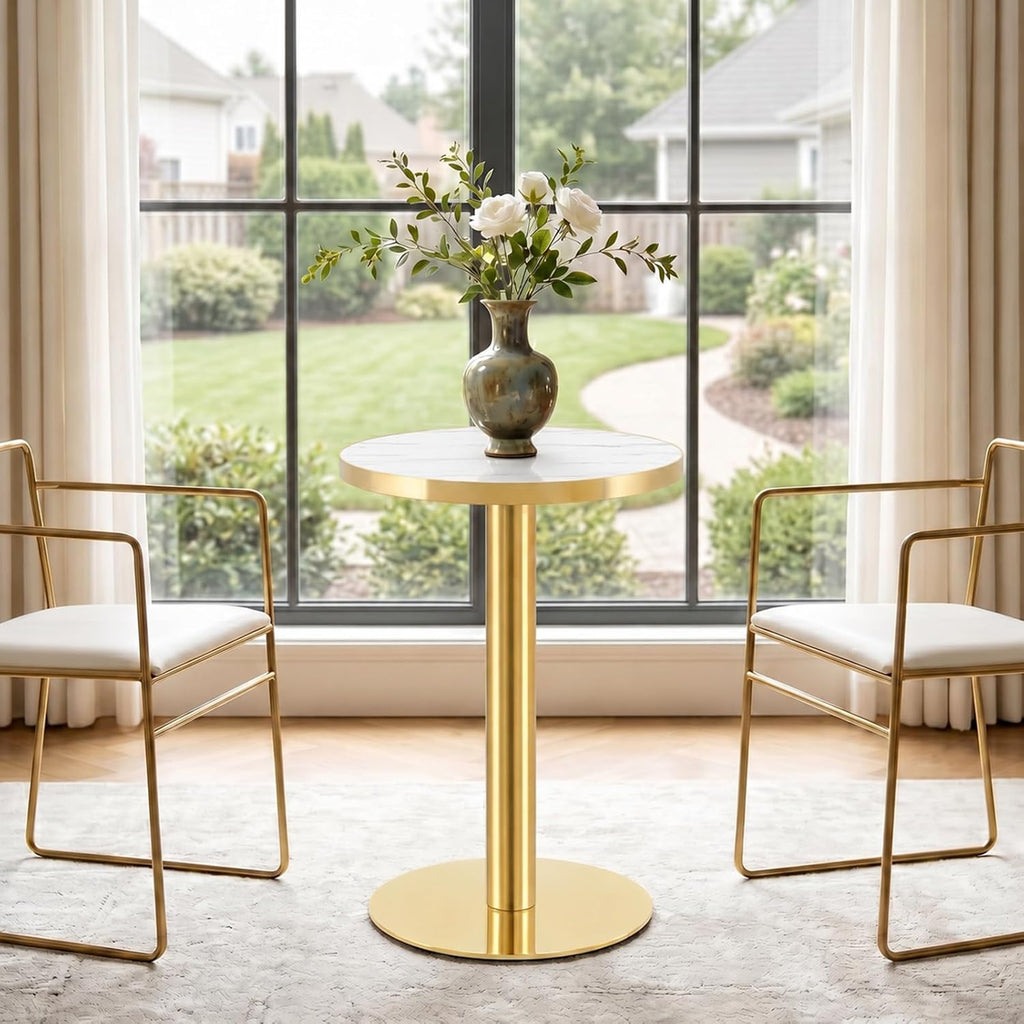 TesNus 23.6" Small Round Dining Table for 2, Circle Tulip Table, Faux Marble Top with Gold Metal Pedestal Base, Modern Leisure Coffee Table for Small Spaces, Cafe, Office, White&Gold