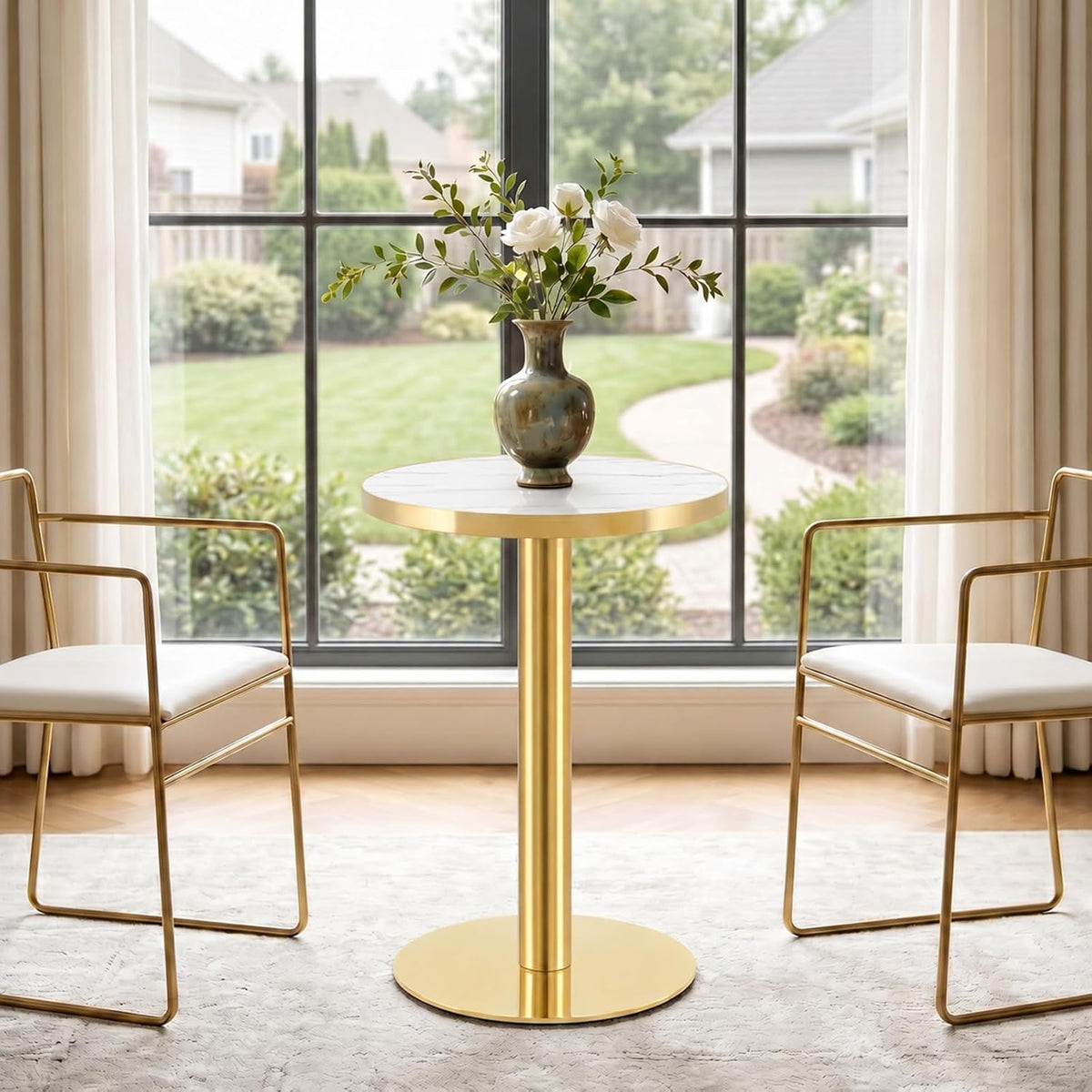 TesNus 23.6" Small Round Dining Table for 2, Circle Tulip Table, Faux Marble Top with Gold Metal Pedestal Base, Modern Leisure Coffee Table for Small Spaces, Cafe, Office, White&Gold
