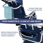 Beach Chair with Umbrella and Canopy Shade, Aluminum Backpack Beach Chairs for Adults, Adjustable Sun Shade, 5 Position Lay Flat, Cooler Bag, Cup Holder, Towel Bar, Navy Blue