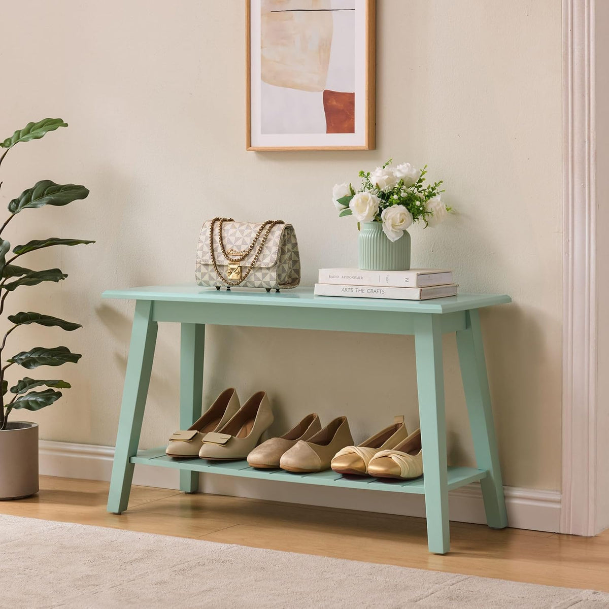Kings Brand Furniture Delphi Wood Entryway Bench with Storage Shelf – Modern Accent Seating for Hallway, Bedroom, Living Room or Narrow Space-Saving Shoe Bench (Glacier)